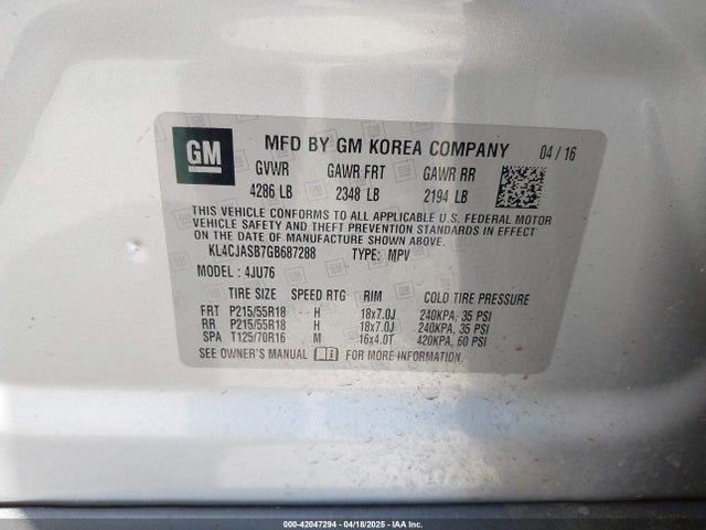 Buick luv - vvt, alum gme e85 max 2016 KL4CJASB7GB687288 Image 9