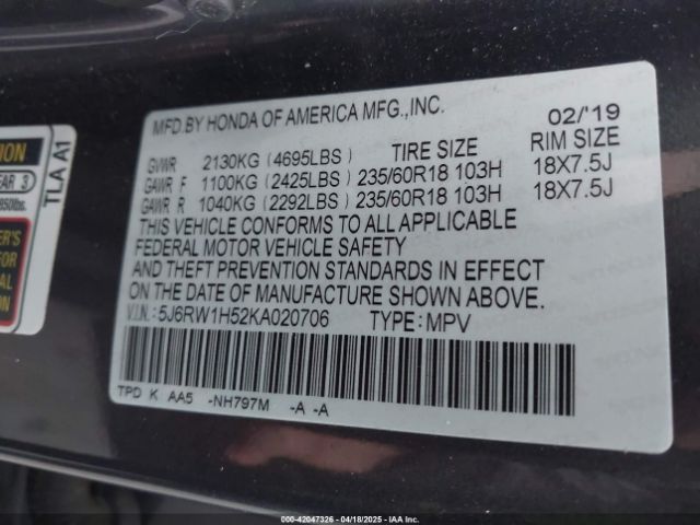 5J6RW1H52KA020706 Honda CR-V EX