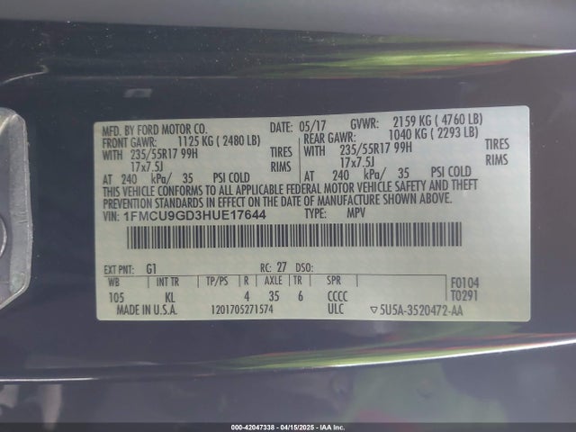 1FMCU9GD3HUE17644 Ford ESCAPE SE