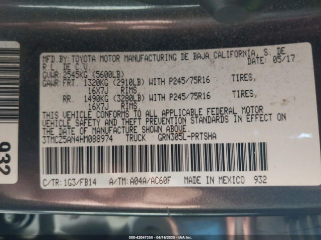 3TMCZ5AN4HM088974 Toyota Tacoma Sr V6