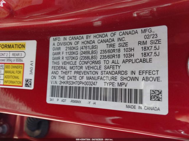 2HKRS3H70PH303247 Honda Cr-v Ex-l 2wd