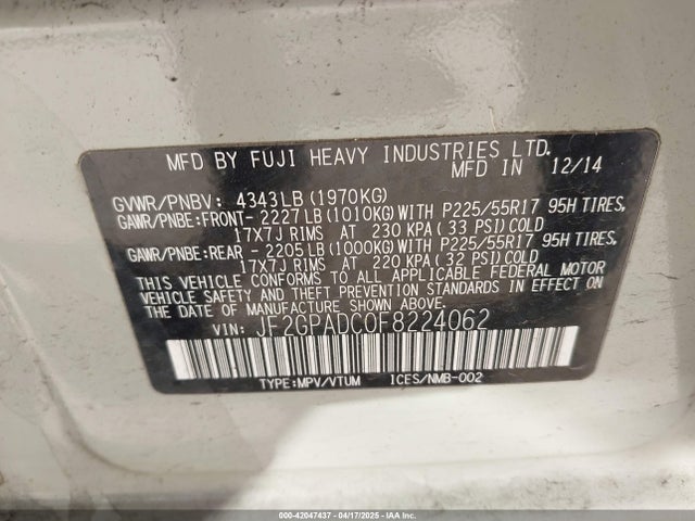 JF2GPADC0F8224062 Subaru Xv Crosstrek 2.0i Premium