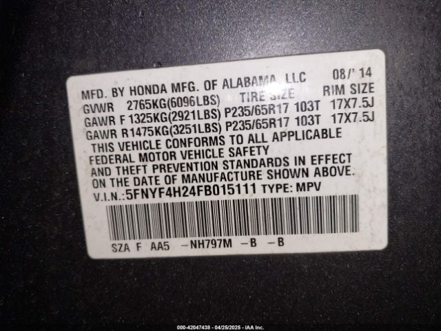 5FNYF4H24FB015111 Honda PILOT LX