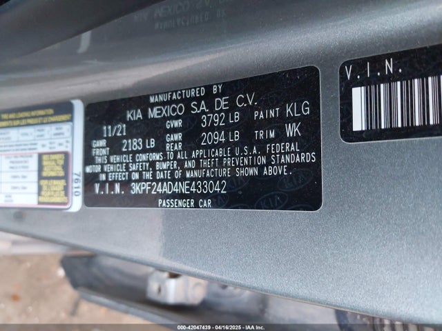 3KPF24AD4NE433042 KIA mpi nu