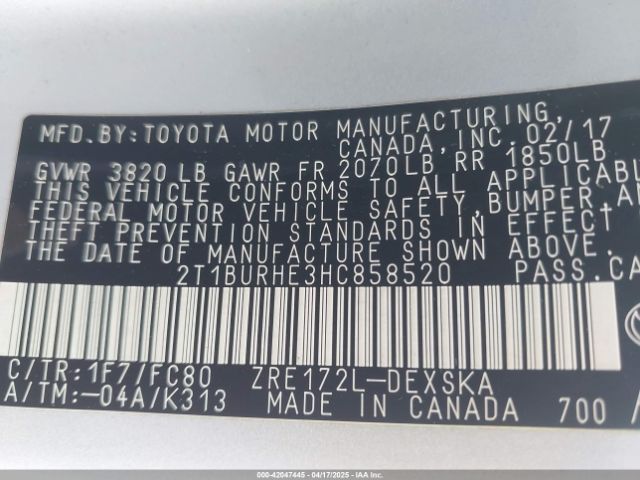 2T1BURHE3HC858520 Toyota COROLLA SE