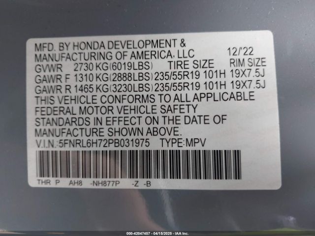 5FNRL6H72PB031975 Honda Odyssey Sport