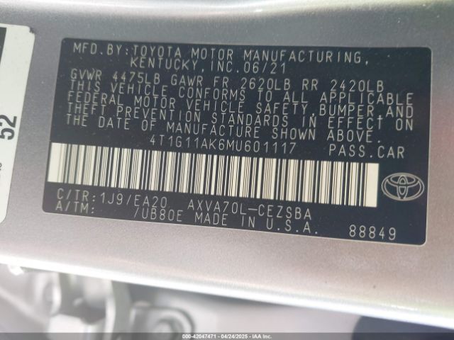 4T1G11AK6MU601117 Toyota CAMRY SE