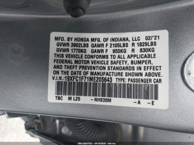 2021 HONDA CIVIC 19XFC1F71ME205643 Photo 8