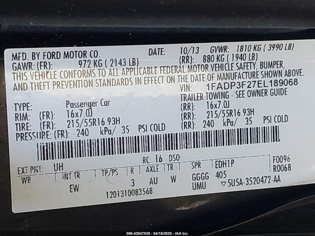 1FADP3F27EL189068 Ford FOCUS SE