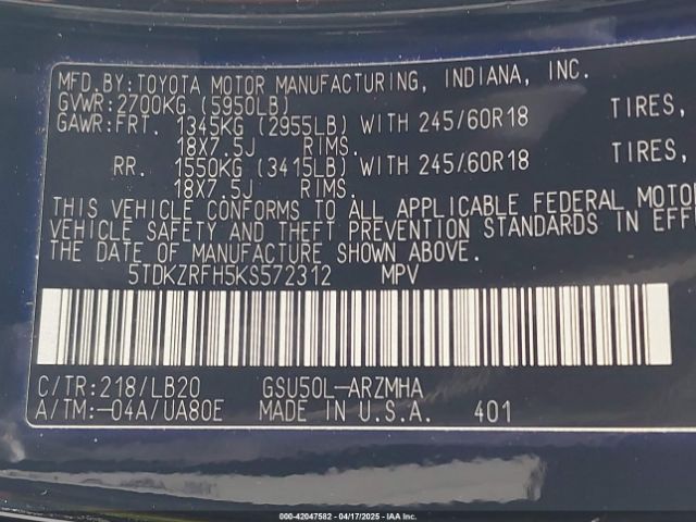 5TDKZRFH5KS572312 Toyota Highlander Xle