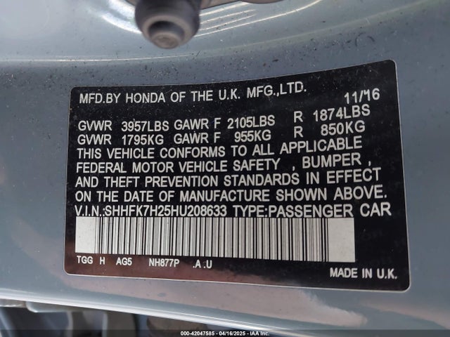 SHHFK7H25HU208633 Honda Civic Lx