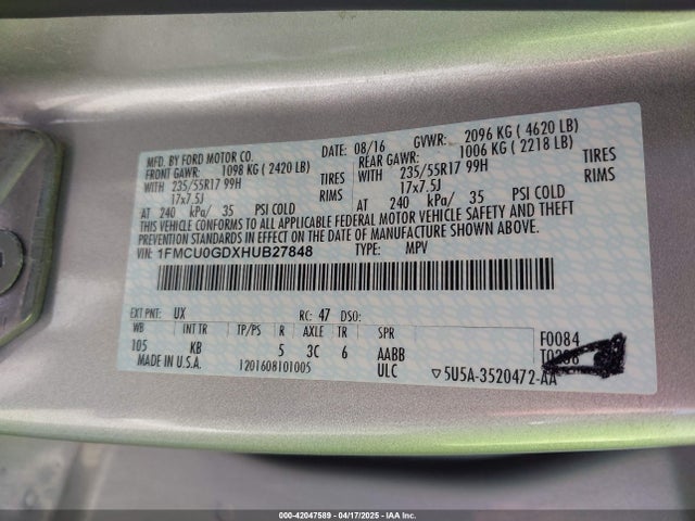 1FMCU0GDXHUB27848 Ford ESCAPE SE