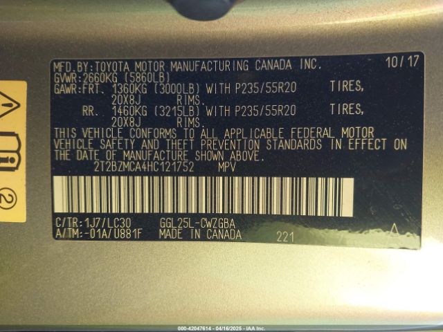 2T2BZMCA4HC121752 Lexus Rx 350 F Sport