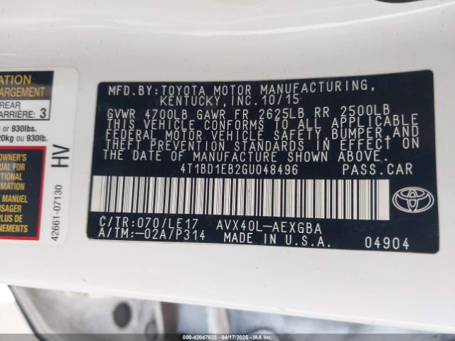 4T1BD1EB2GU048496 Toyota Avalon Hybrid Xle Premium