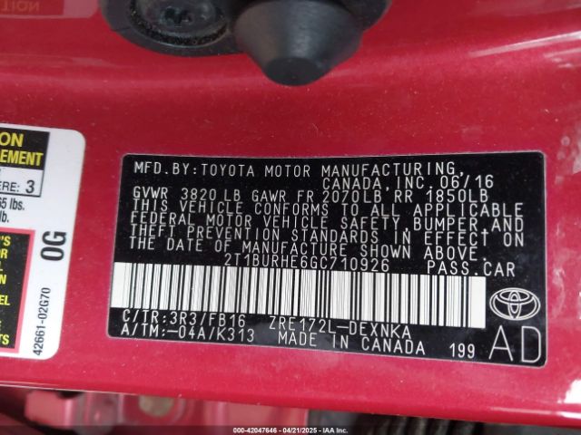 2T1BURHE6GC710926 Toyota Corolla Le Plus