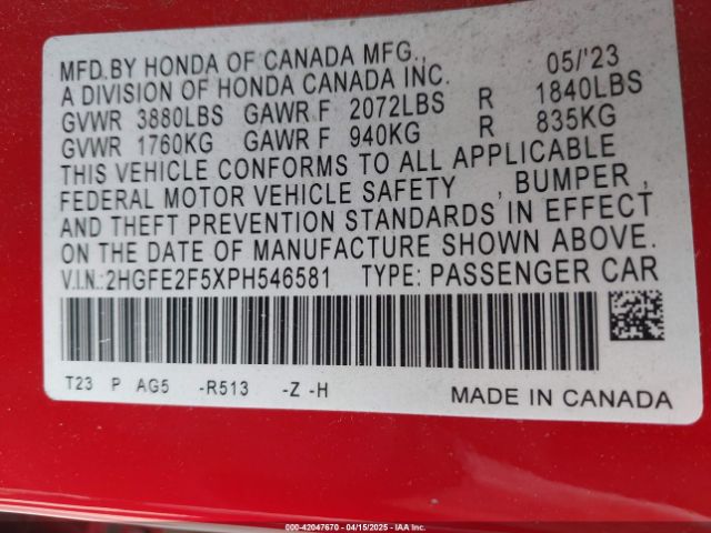 2HGFE2F5XPH546581 Honda Civic Sport