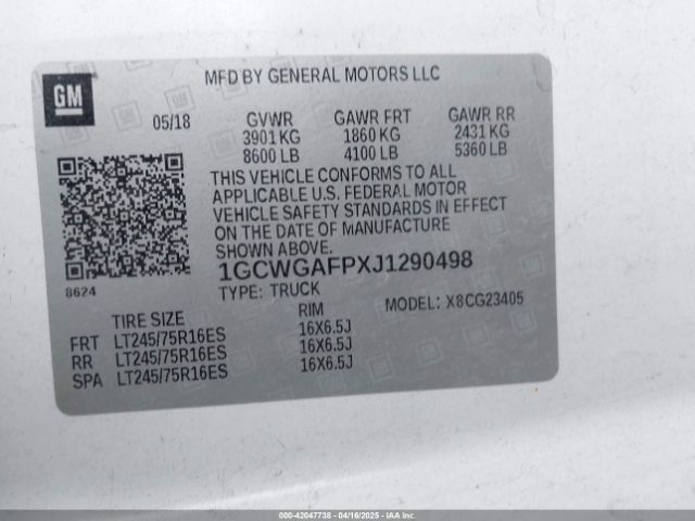 1GCWGAFPXJ1290498 Chevrolet Express 2500 Work Van