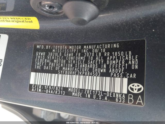 5YFBURHE2KP884503 Toyota COROLLA LE