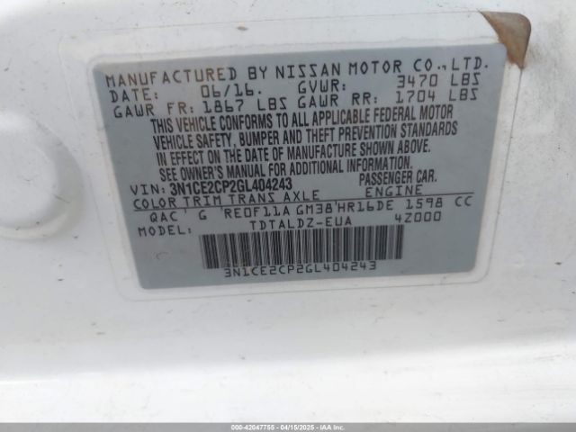 3N1CE2CP2GL404243 Nissan Versa Note S (sr)/s Plus/sl/sr/sv
