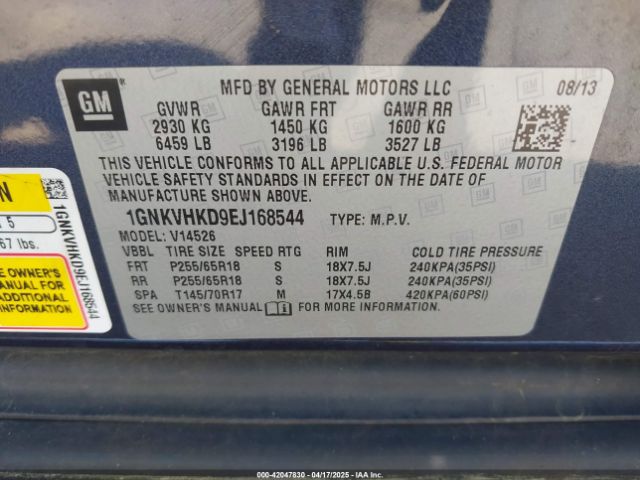 1GNKVHKD9EJ168544 Chevrolet Traverse 2lt