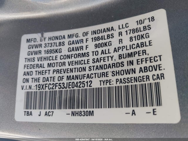 19XFC2F53JE042512 Honda Civic Lx