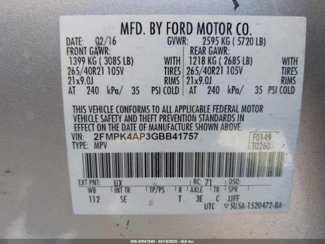 2FMPK4AP3GBB41757 Ford EDGE SPORT