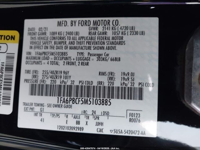 1FA6P8CF5M5103885 Ford Mustang Gt Premium Fastback