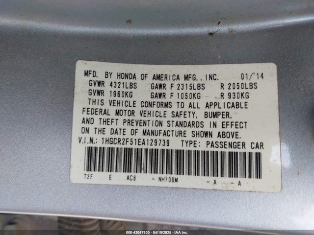 Honda k24w1 2014 1HGCR2F51EA129739 Image 9