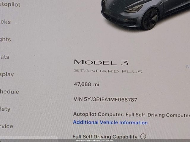 5YJ3E1EA1MF068787 Tesla Model 3 Standard Range Plus Rear-wheel Drive