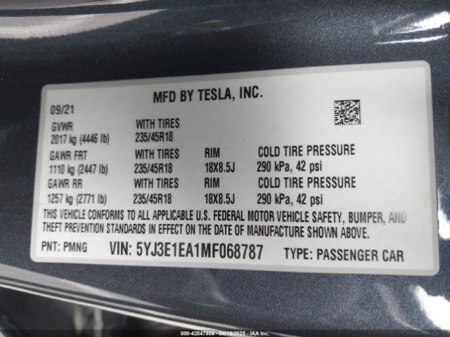 5YJ3E1EA1MF068787 Tesla Model 3 Standard Range Plus Rear-wheel Drive