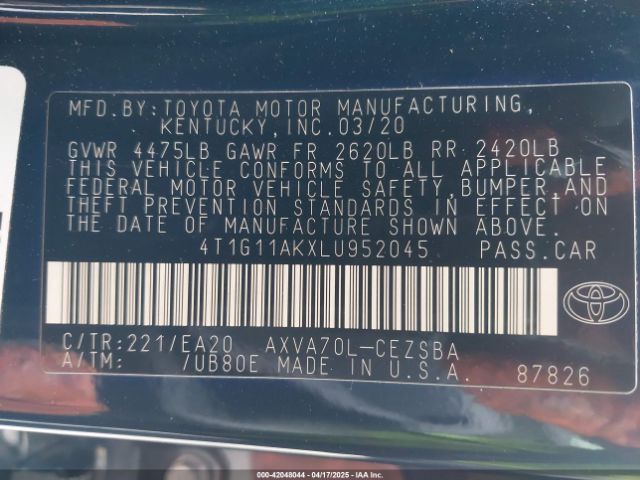 4T1G11AKXLU952045 Toyota CAMRY SE