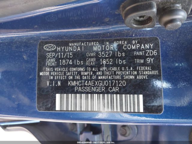 KMHCT4AEXGU017120 Hyundai ACCENT SE