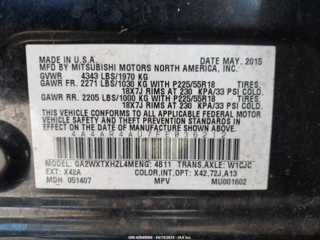 4A4AR4AU7FE036212 Mitsubishi Outlander Sport Se