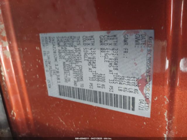 5N1AZ2BJ2MC128381 Nissan Murano Sv Fwd