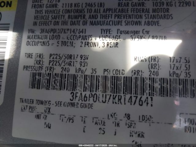 3FA6P0LU7KR147641 Ford Fusion Hybrid Se