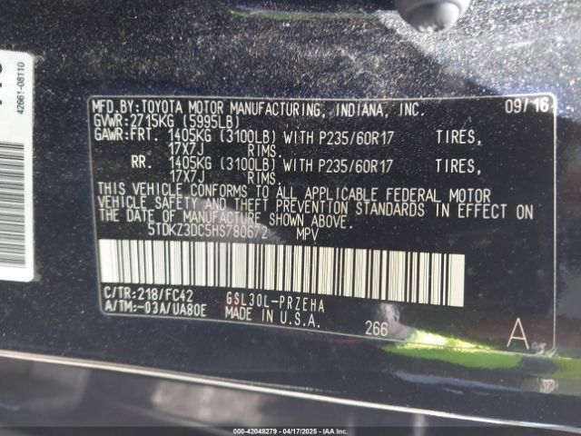 5TDKZ3DC5HS780672 Toyota Sienna Le 8 Passenger