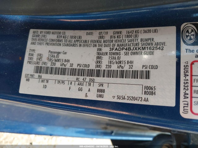 3FADP4BJXKM162542 Ford FIESTA SE