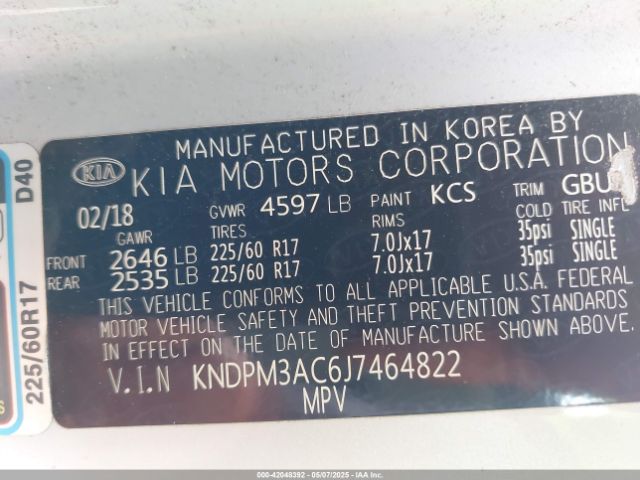 KNDPM3AC6J7464822 KIA Sportage Lx