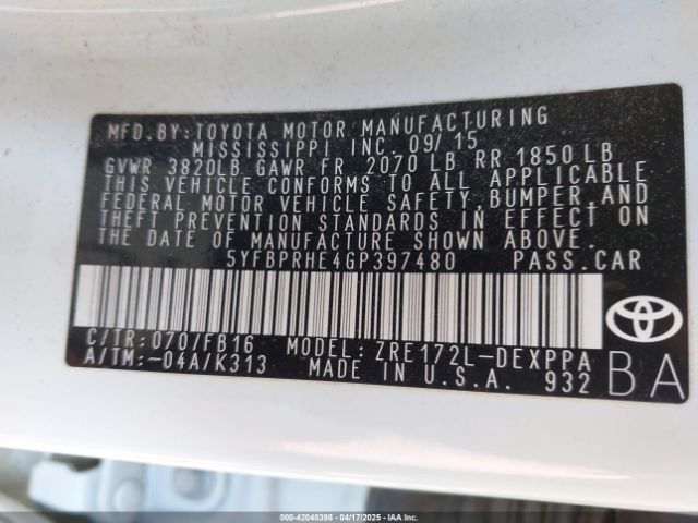 5YFBPRHE4GP397480 Toyota Corolla Le Plus