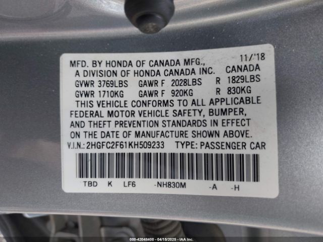 2HGFC2F61KH509233 Honda Civic Lx