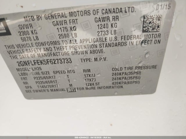 Chevrolet EQUINOX 1LT 2015 2GNFLFEK5F6273733 Image 9