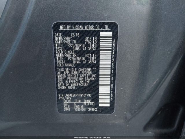 JN8AE2KP1H9167796 Nissan Quest Sv