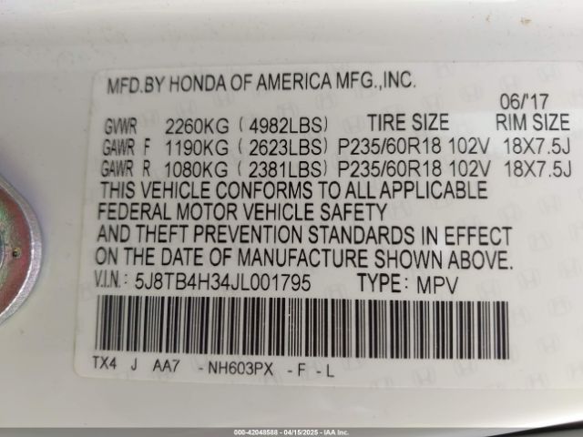 5J8TB4H34JL001795 Acura Rdx Acurawatch Plus Package