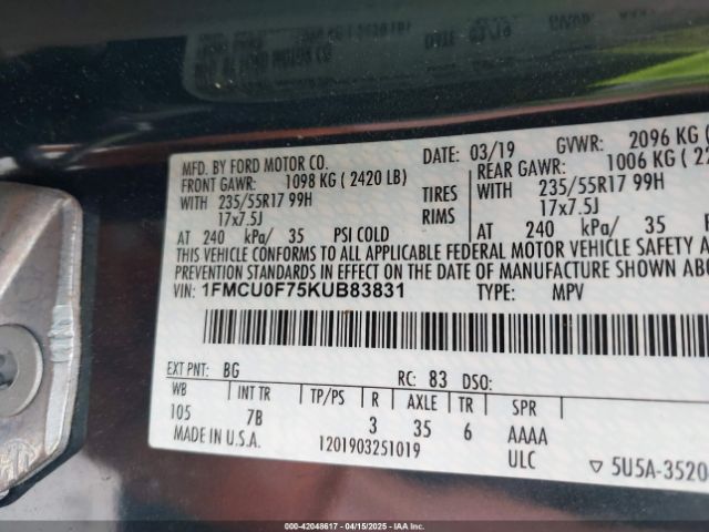 1FMCU0F75KUB83831 Ford ESCAPE S