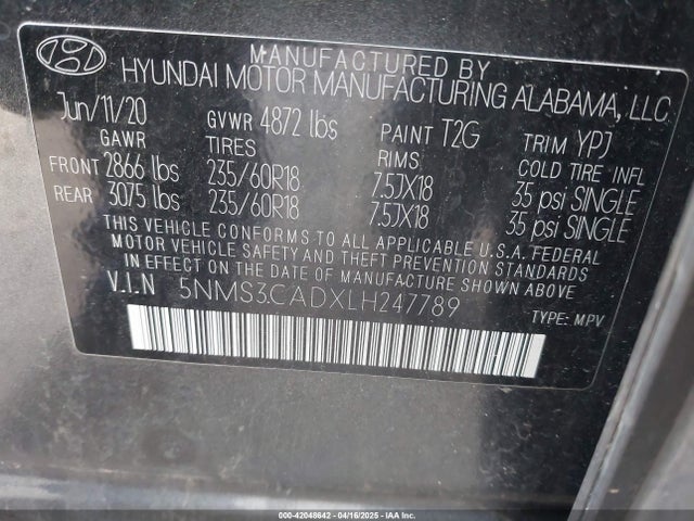 5NMS3CADXLH247789 Hyundai Santa Fe Sel