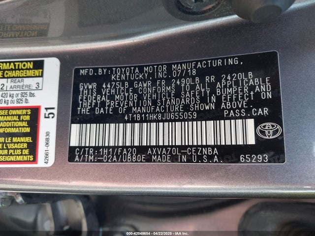 4T1B11HK8JU655059 Toyota CAMRY LE