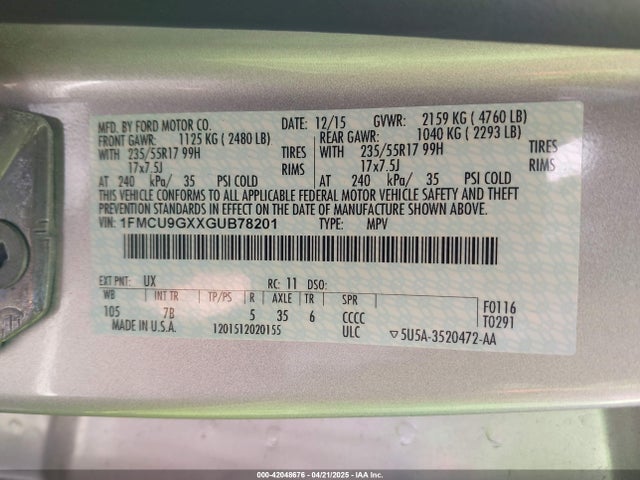 1FMCU9GXXGUB78201 Ford ESCAPE SE