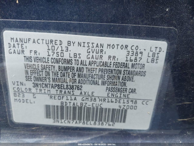 3N1CN7AP8EL838762 Nissan Versa 1.6 Sv