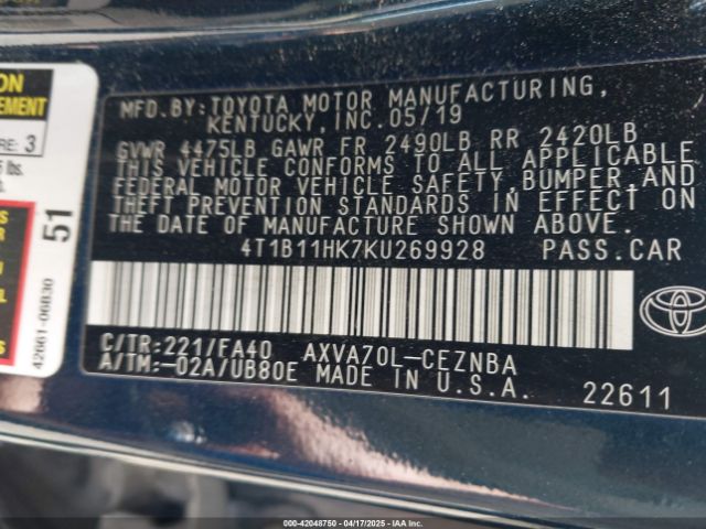 4T1B11HK7KU269928 Toyota CAMRY LE