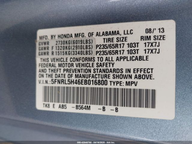 5FNRL5H46EB016800 Honda ODYSSEY EX